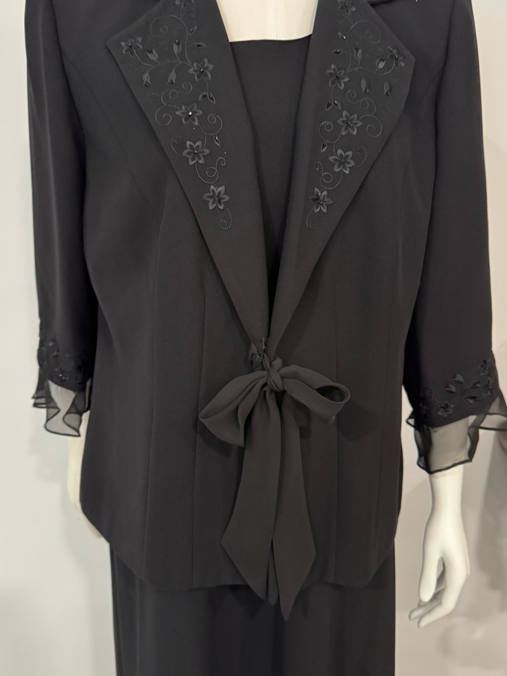 Elegant Black Floral-Embroidered Women's Dress with Tie Front